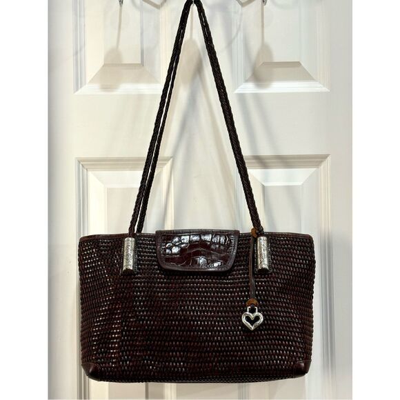 BRIGHTON - Vtg Two-Tone Brown Woven Leather Shoulder Bag/Croc-Embossed Closure - Picture 1 of 16